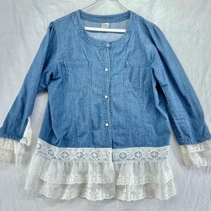 Women's Blue Denim Button Down Shirt with Lace Trim